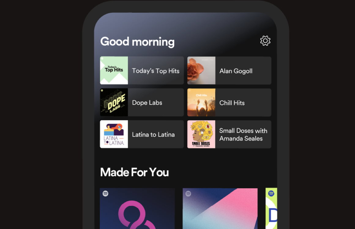 Nieuw beginscherm in Spotify-app past aanbevelingen hele dag door aan