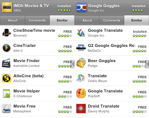 Nieuw tabblad in Android Market: vergelijkbare apps