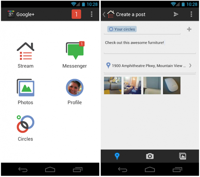 Google+ voor Android compleet aangepast aan design Ice Cream Sandwich