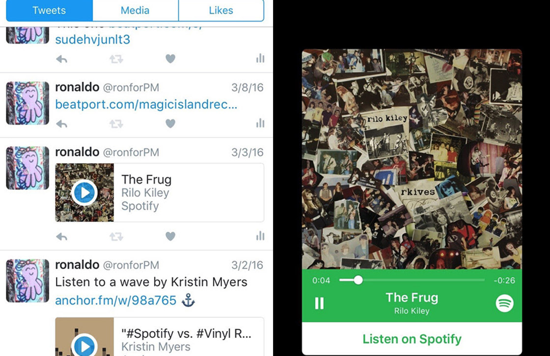 Spotify-fragmenten vanuit Twitter-tijdlijn te beluisteren